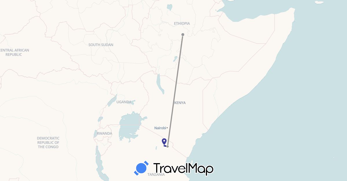 TravelMap itinerary: driving, plane in Ethiopia, Tanzania (Africa)